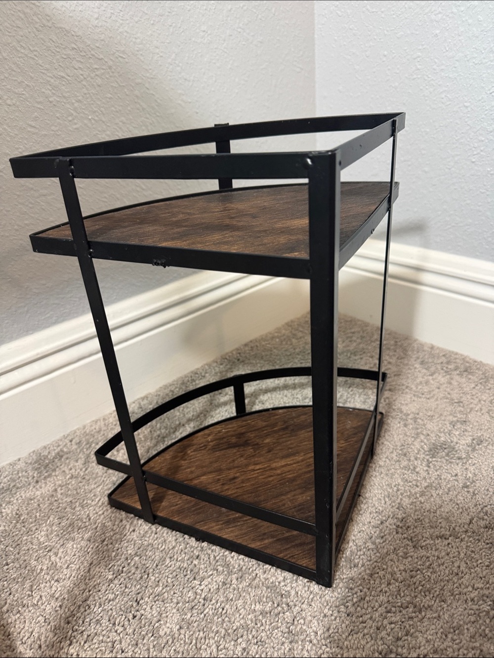 Two-Tier Corner Shelf with Black Metal Frame and Wood Tones - Picture 3 of 6